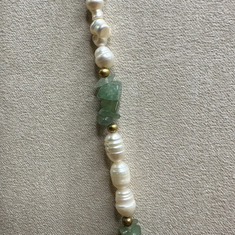 Women Necklace Green White Freshwater Pearl Aventurine Boho Coastal Gold Earthy